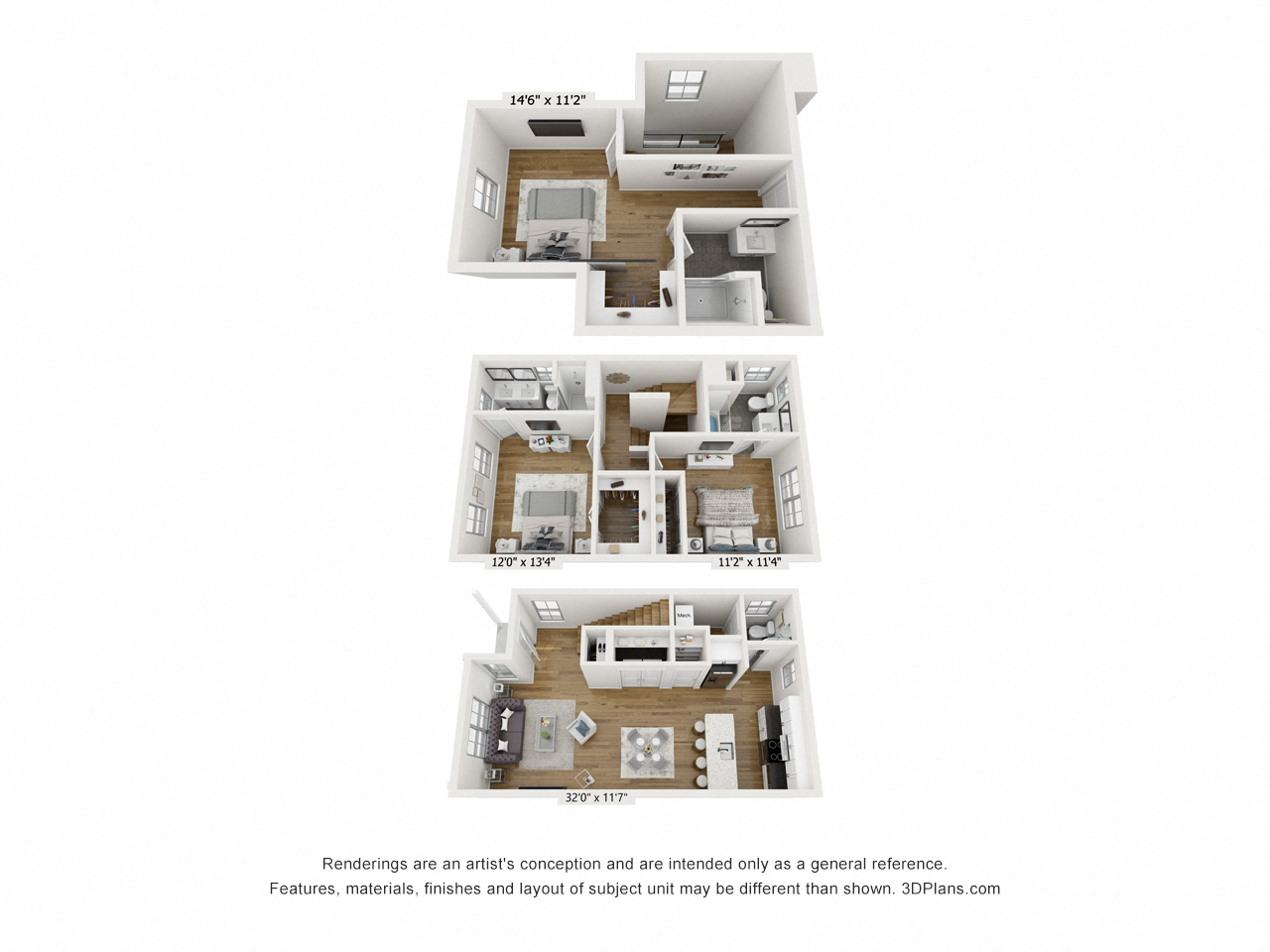 Floor plan for 3 beds, 3.5 baths, 1542 sqft